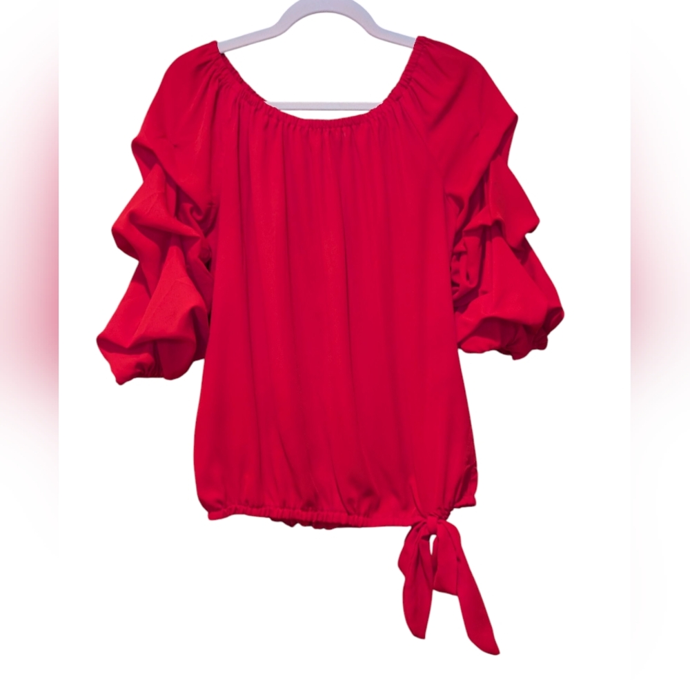 CeCe Red Tiered Bell Statement Sleeve Tie Front Blouse. Sz M